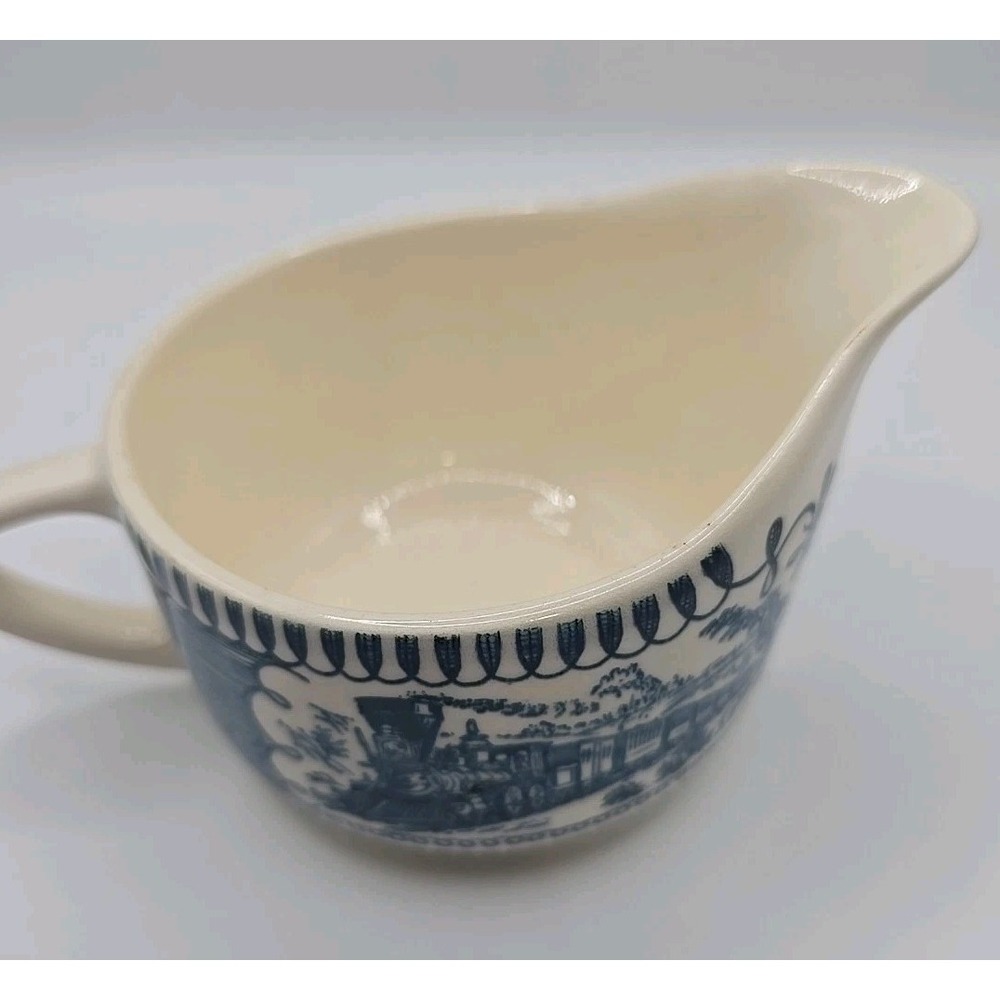 Vintage Currier & Ives Express Train Royal China Creamer Pitcher Blue White USA - Picture 3 of 7